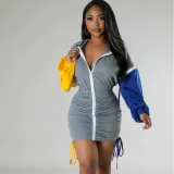 Cute Zip Patchwork Long Sleeve Pleated Casual Dress