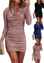 Solid Color Mini Glitter Pile Collar Long Sleeve Ruffled Slim Evening Gown Nightclub Dress For Women