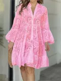 Spring And Summer Solid Color V-Neck Loose Embroidered Hollow Lace Dress