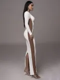 Women's Autumn Fashion Contrast Color Round Neck Long Sleeve Slit Long Dress