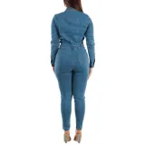 Slim Fit Long Sleeve Tiny Foot Washed Denim Jumpsuit