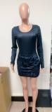 Women Ribbed long-sleeved U-neck Top and sexy Bodycon Mini skirt two-piece set