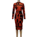 Women's Fashion Digital Printed Long Sleeve Round Neck Sexy Tight Fitting Bodycon Dress
