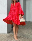 Spring And Summer Solid Color V-Neck Loose Embroidered Hollow Lace Dress