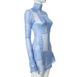 Women's Autumn Casual Mesh Long Sleeve Turtle Collar Printed Slim Short Dress