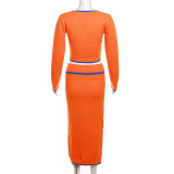 Autumn Women's Fashion Contrast Color Slim Long Sleeve Top Sexy Bodycon Skirt Set