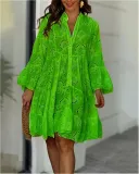 Spring And Summer Solid Color V-Neck Loose Embroidered Hollow Lace Dress