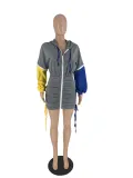 Cute Zip Patchwork Long Sleeve Pleated Casual Dress