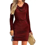 Solid Color Mini Glitter Pile Collar Long Sleeve Ruffled Slim Evening Gown Nightclub Dress For Women