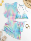 Gradient Printed Mesh Dress Bikini Three-Piece Swimsuit