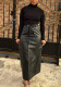 Autumn And Winter Mid-Length Black Pu Buckle Slit  Casual Leather Skirt With Belt