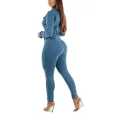 Slim Fit Long Sleeve Tiny Foot Washed Denim Jumpsuit