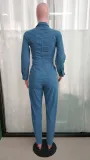 Slim Fit Long Sleeve Tiny Foot Washed Denim Jumpsuit