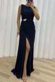 Pleated Slit Sleeveless Fashion Evening Dress For Women