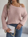 Autumn And Winter Casual Metal Buckle Strap Patchwork Balloon Sleeve Pullover Sweater