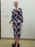 Autumn Fashion Women's Long Sleeves Blue Printed Plaid Slit Dress