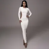 Women's Autumn Fashion Contrast Color Round Neck Long Sleeve Slit Long Dress