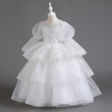 Girls' Dresses Children's Performance Clothes Flower Girl Wedding Tutu Skirt Long-Sleeved Princess Dress