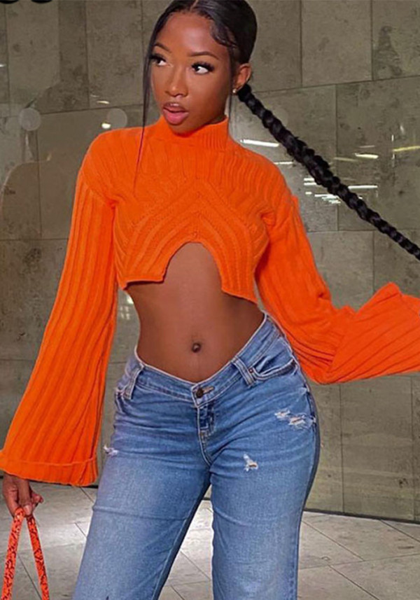 Autumn And Winter Sweater Solid Color Women Casual Long Sleeve Round Neck Classic Tight Fitting Irregular Crop Mid-Waist Women's Clothing