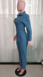 Slim Fit Long Sleeve Tiny Foot Washed Denim Jumpsuit