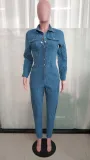 Slim Fit Long Sleeve Tiny Foot Washed Denim Jumpsuit