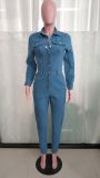 Slim Fit Long Sleeve Tiny Foot Washed Denim Jumpsuit