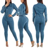 Slim Fit Long Sleeve Tiny Foot Washed Denim Jumpsuit