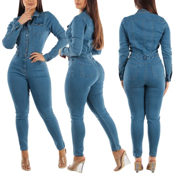 Slim Fit Long Sleeve Tiny Foot Washed Denim Jumpsuit