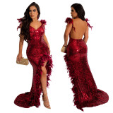 Sexy Feather Straps High Slit Sequin Low Back V-Neck Party Nightclub Style Dress