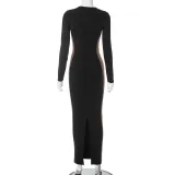 Women's Autumn Fashion Contrast Color Round Neck Long Sleeve Slit Long Dress