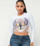 Round Neck Crop Cut Women's Tight Fitting Letter Long Sleeve Top T-Shirt