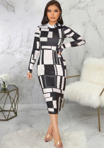 Women's Fashion Digital Printed Long Sleeve Round Neck Sexy Tight Fitting Bodycon Dress