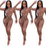 Women's Sexy See-Through Mesh Leopard Long Sleeve Jumpsuit