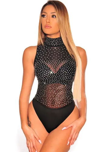 Sexy Black See-Through Rhinestone High Neck Sleeveless Bodysuit