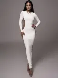 Women's Autumn Fashion Contrast Color Round Neck Long Sleeve Slit Long Dress