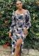 Autumn Fashion Women's Long Sleeves Blue Printed Plaid Slit Dress