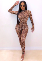 Women's Sexy See-Through Mesh Leopard Long Sleeve Jumpsuit