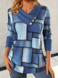 Plus Size Women Long Sleeve Plaid V Neck knitting Top