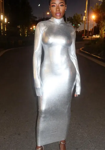 Women High Neck Long Sleeve Bodycon Maxi Dress