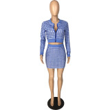 Women Plaid Ribbed Long Sleeve Top and Skirt Two-piece Set
