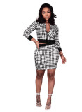 Women Plaid Ribbed Long Sleeve Top and Skirt Two-piece Set