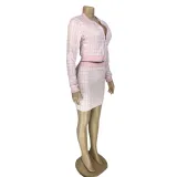 Women Plaid Ribbed Long Sleeve Top and Skirt Two-piece Set