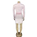 Women Plaid Ribbed Long Sleeve Top and Skirt Two-piece Set