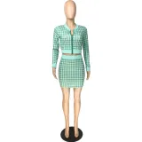 Women Plaid Ribbed Long Sleeve Top and Skirt Two-piece Set