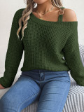 Autumn And Winter Casual Metal Buckle Strap Patchwork Balloon Sleeve Pullover Sweater