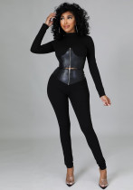 Women Fashion PU-Leather Patchwork Long Sleeve Solid Top and Pant Two-piece Set