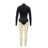 Fashion Women's Long Sleeve Slim Waist Bodysuit Pu Skirt Two Piece Set