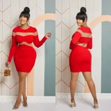 Fashion Women's Solid Color Long Sleeve Round Neck Mesh Patchwork Bodycon Dress