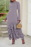 Autumn And Winter Solid Color Multi-Layered Ruffled Long-Sleeved Women's Long Dress