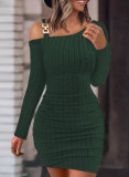 Autumn And Winter Solid Color Metal Buckle Slash Shoulder Tight Fitting Sexy Long-Sleeved Bodycon Slim Dress For Women
